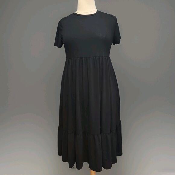 Shein Black Knit Ruffle Hem Midi Dress With Pockets Large/ XL Stretch - Picture 1 of 7